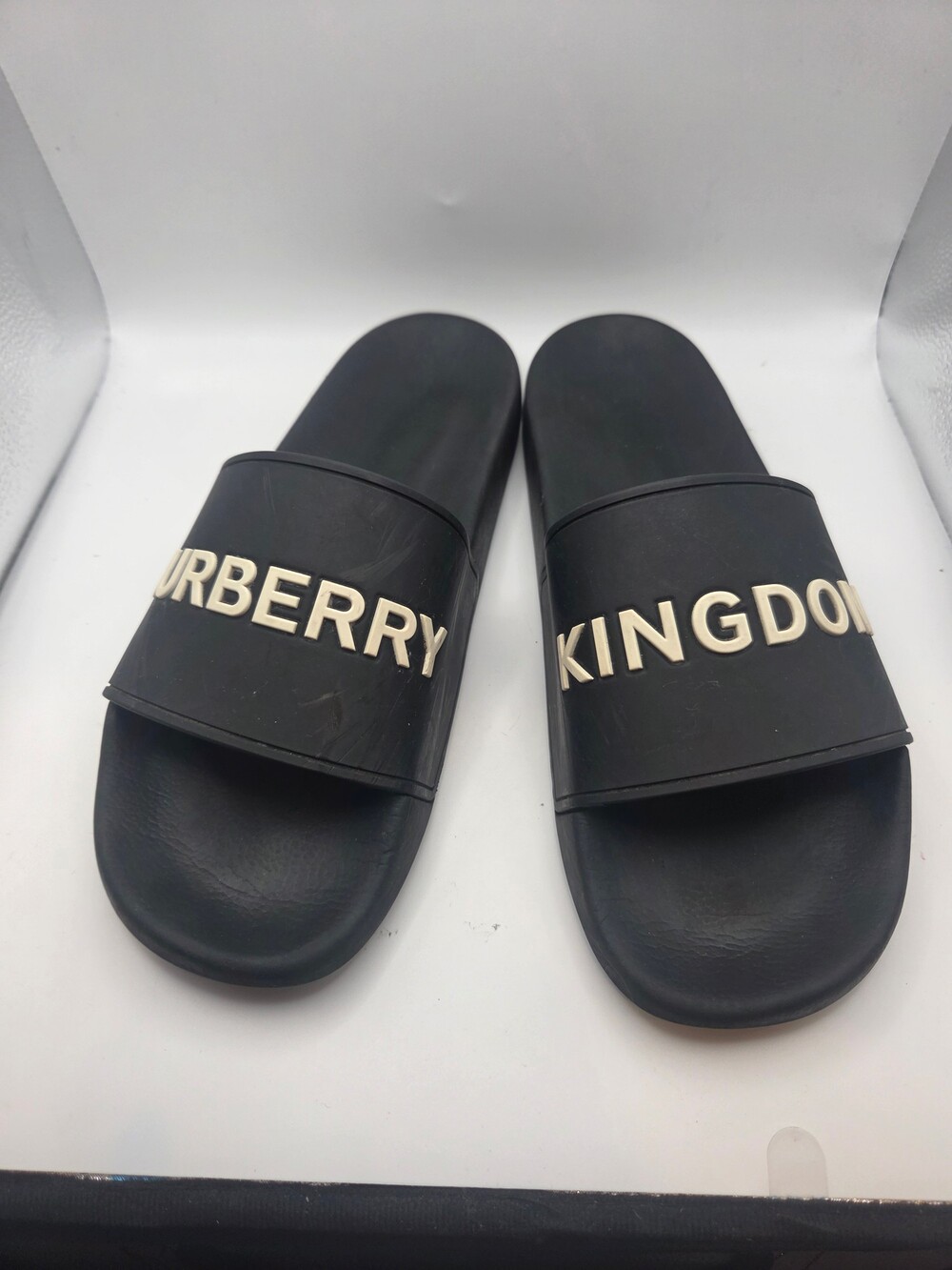 Burberry Black Slide Sandals size 46 with Raised White Lettering
